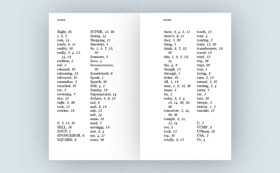 The book opens with an index of <br>#hashtags, @mentions, and common words.